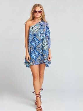 Show Me Your MuMu One-Shoulder Blue Tile-Print Mini Dress